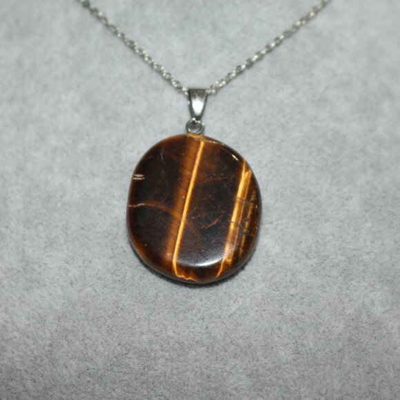 Tiger’s Eye Polished Stone Pendant Necklace – Natural Brown Gem Charm - Picture 4 of 6